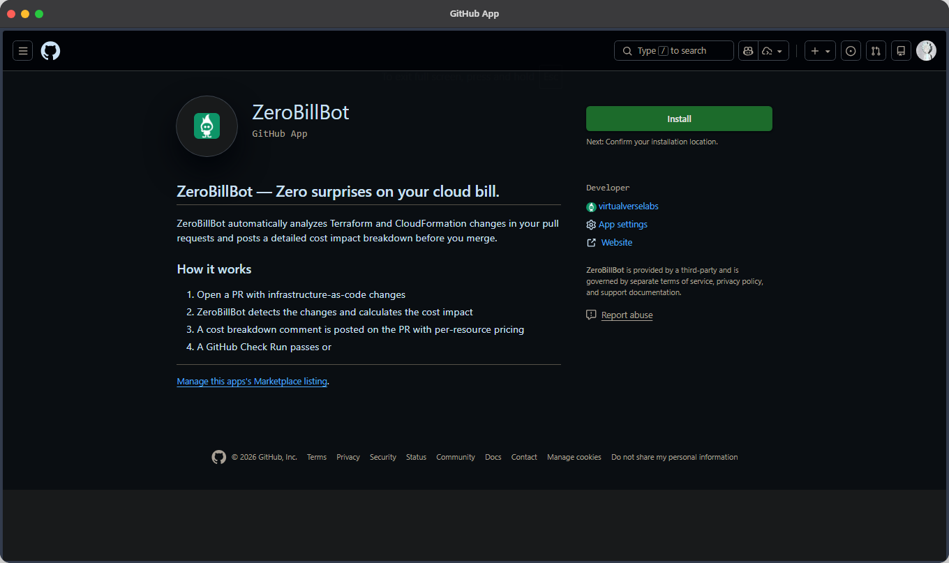 ZeroBillBot GitHub App preview